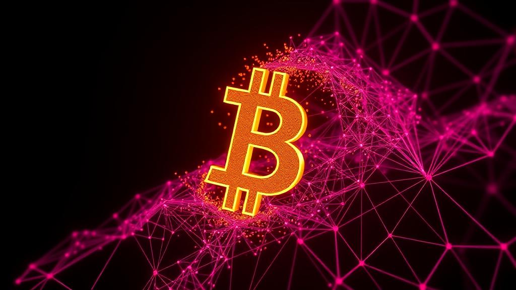Golden bitcoin symbol dissolving into a glowing magenta network lattice