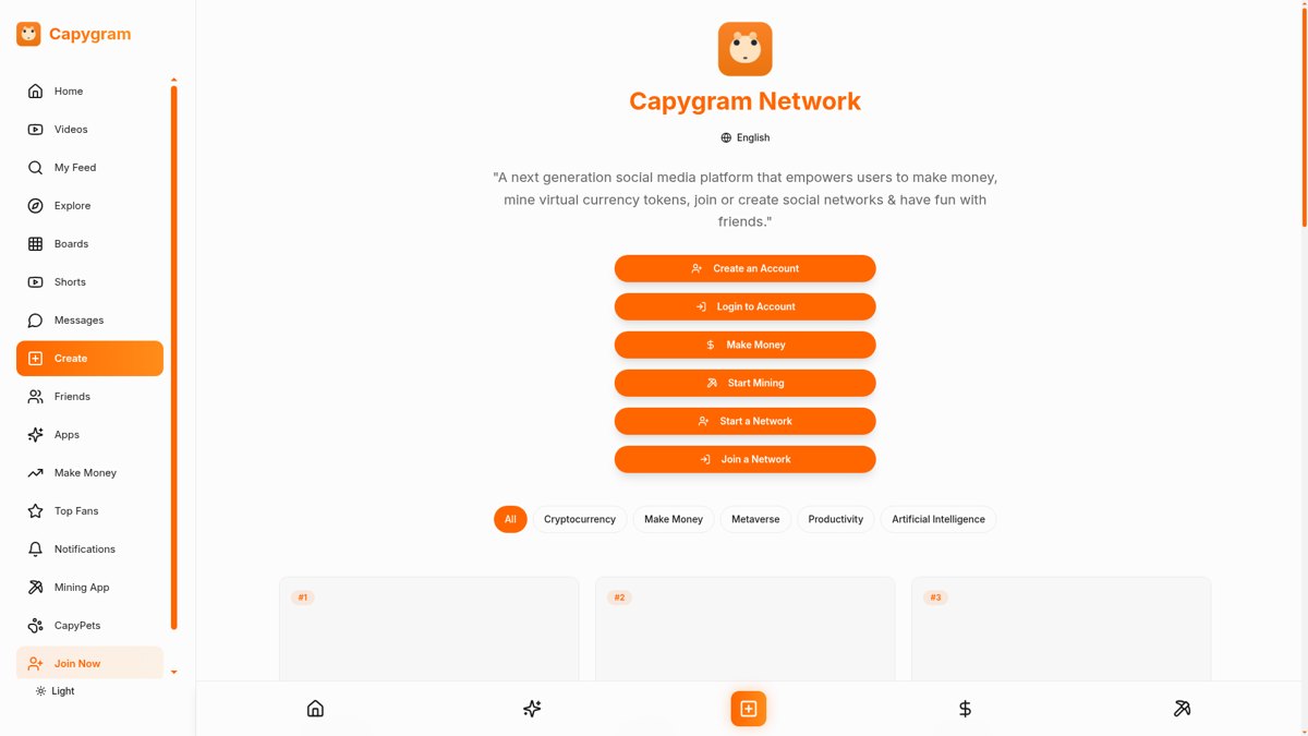 Screenshot of the Capygram Network homepage showing its social feed and mini-app directory
