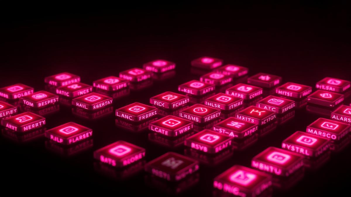 Abstract render of glowing magenta app tiles arranged in a grid on a dark background