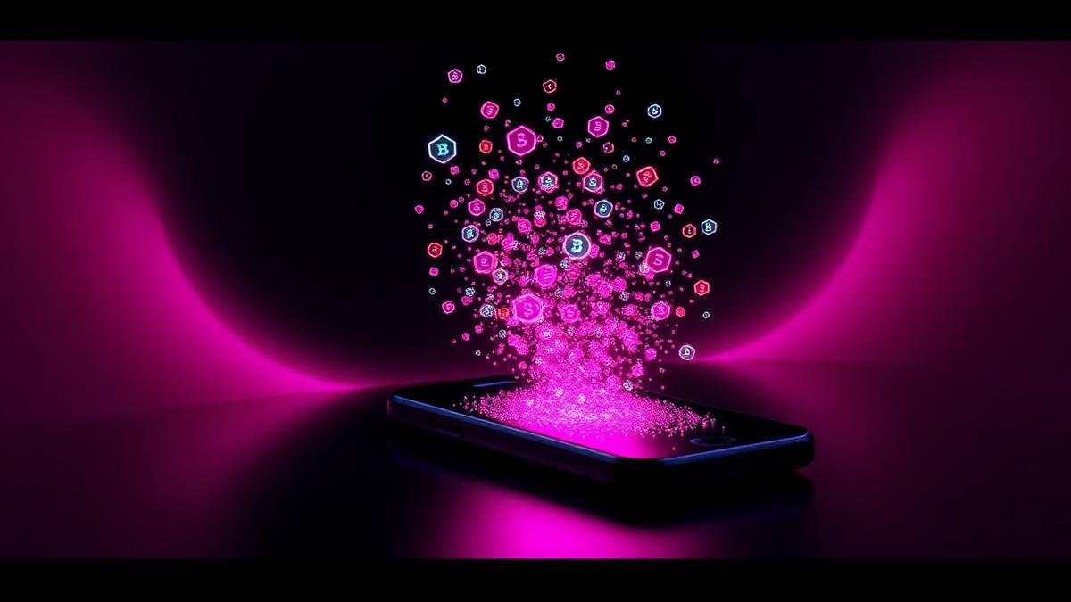 Abstract magenta render of a smartphone emitting a stream of glowing hexagonal tokens