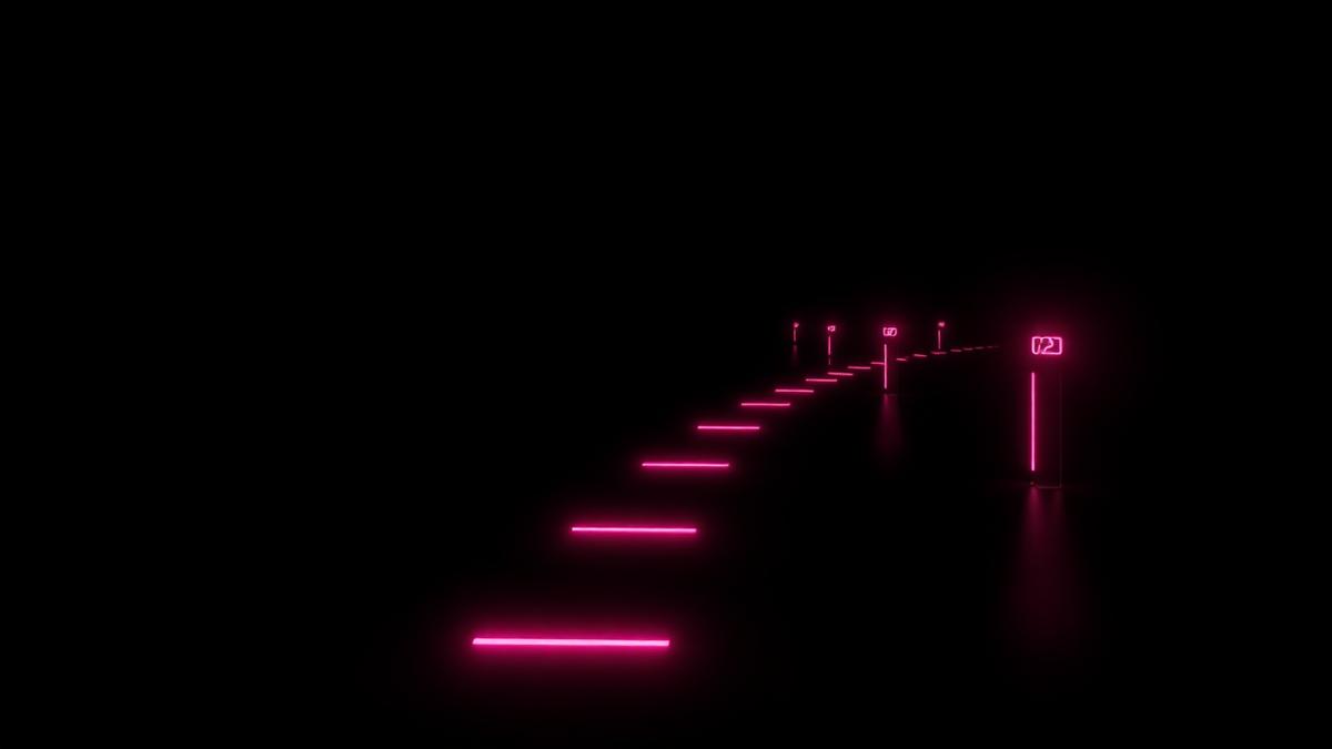 Abstract render of a glowing magenta milestone timeline receding into dark space