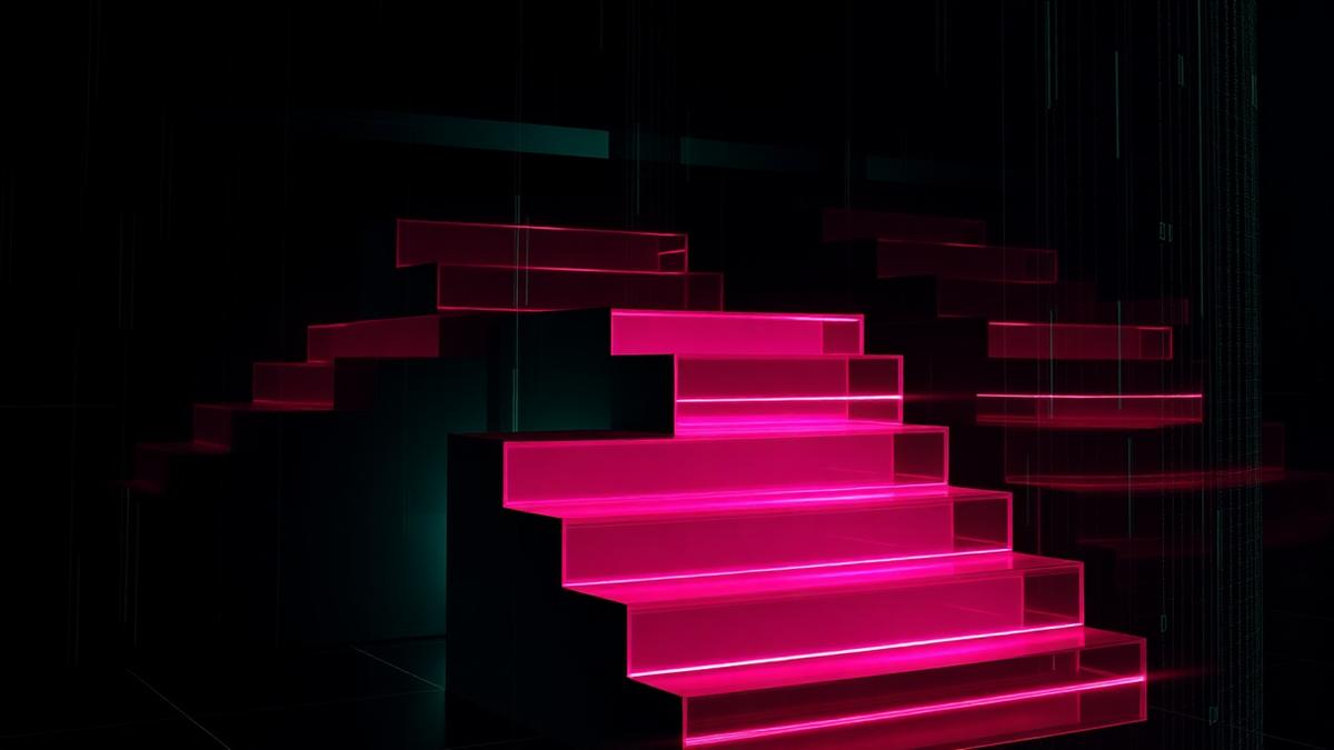 Abstract render of descending glowing magenta glass slabs representing a halving emission schedule